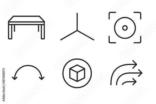 Virtual Furniture Icons. Line vector icons of virtual furniture preview: table outline, room boundary, AR anchor dot, perspective