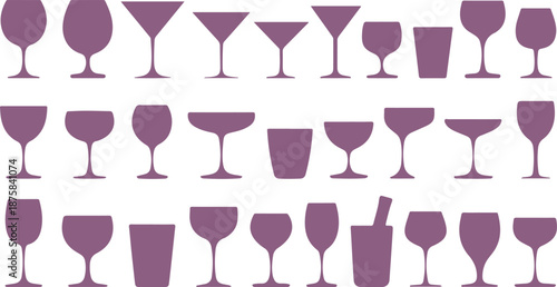 A large collection of diverse purple glass silhouettes including wine, cocktail, and tumbler shapes