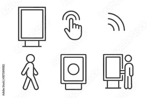 Interactive Billboard Icons. Line vector icons of interactive outdoor advertising: street billboard outline, touch-gesture arc,