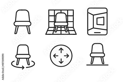 AR Interior Icons. Line vector icons of interior AR furnishing: chair silhouette, overlay grid, apartment frame, positioning arc,
