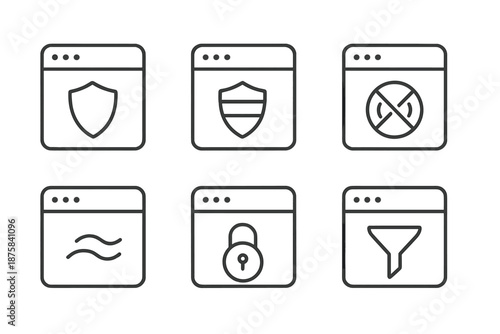 Privacy Protection Icons. Line vector icons of tracker-shielded tabs: tab contour, shield band, no-tracking symbol, privacy wave,