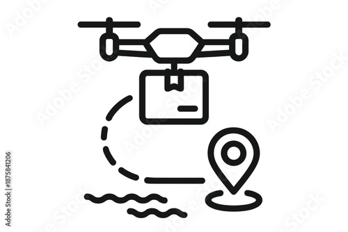 Drone Delivery Icons. Line vector icons of aerial package drop-off: drone silhouette, parcel contour, drop path arc, location ring