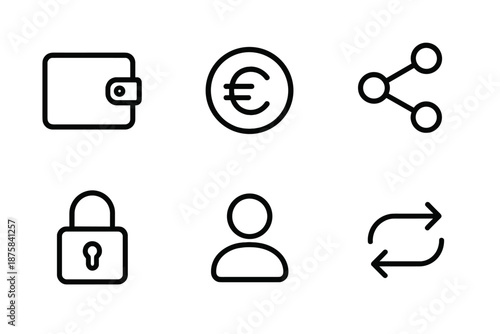 Community E-Wallet Icons. Line vector icons of community-based e-wallet: slim purse, crypto-like bubble, network pattern, lock