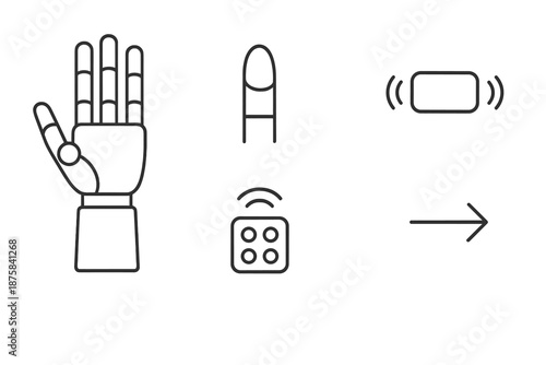 Bionic Prosthesis Icons. Line vector icons of bionic prosthesis with tactile feedback: prosthetic hand outline, fingertip sensor,