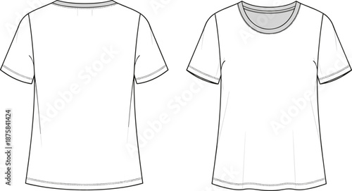 Short sleeve t-shirt sketch, front and back view, fashion flat drawing, garment blueprint, cad illustration, vector template, apparel design