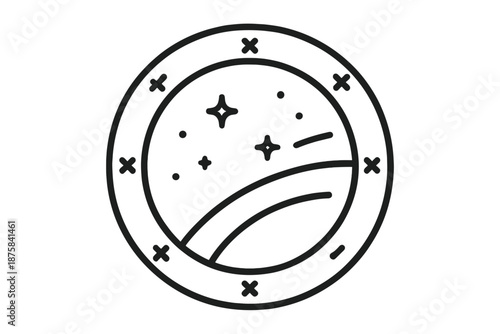 Space-Themed Porthole Icon. Line vector icons of space suite porthole vista: circular frame, planetary curve, star specks, window