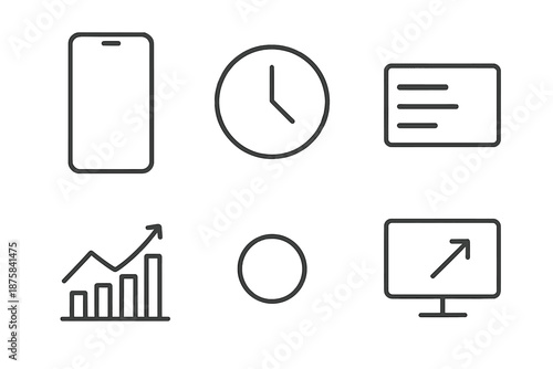 Smartphone Usage Tracker Icons. Line vector icons of smartphone time-spent tracker: slim phone, clock symbol, usage stripe,