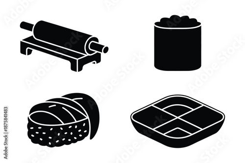Japanese sushi and traditional food preparation tools silhouette set
