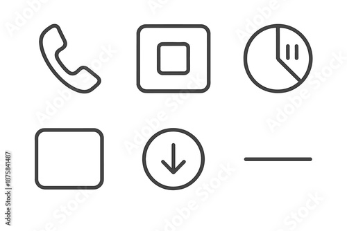 Tech-Pause Icons. Line vector icons of tech-pause application: handset outline, soft-stop sign, timing circle, empty-display tile,
