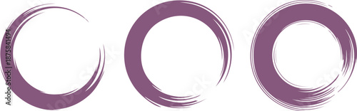 Three unique purple circular brushstrokes with varying textures are presented on a white surface