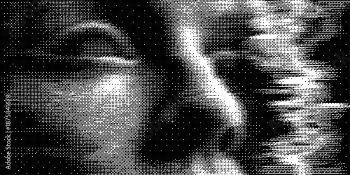 Abstract halftone face composition with broken pixel structure, coarse dot pattern and noisy analog texture, dramatic monochrome contrast and glitch mood, vector illustration