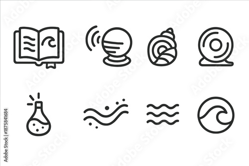Abyssal Tale Icons. Line style icons of abyssal tale recorders: wave journal, echo chamber, shell log, deep reel, fluid recorder,