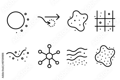 Aerial Dust Measurement Icons. Line style icons of aerial dust measurement: airborne particle, reflective path, floating contour,
