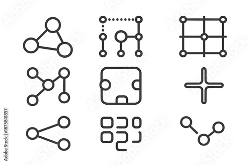 Minimal Network Icons. Line style icons of gap network systems: connected voids, dotted framework, spaced lattice, open path grid,