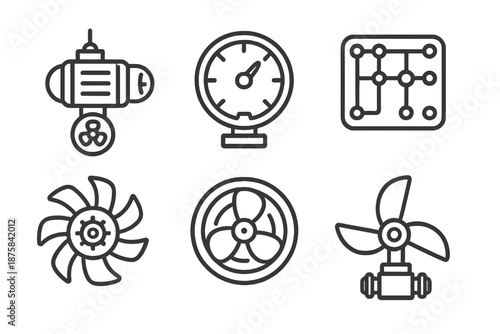 Deep-Sea Mechanical Icons. Line style icons of deep-sea mechanical design: submersible motor, pressure chamber dial, aquatic