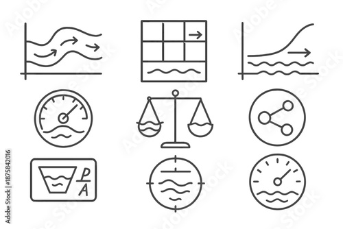 Waterway Mathematics Icons. Line style icons of waterway mathematics: river flow graph, current ratio grid, stream velocity chart,