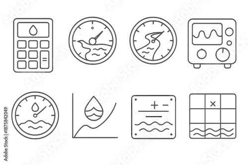 Aquatic Formula Icons. Line style icons of aquatic formula devices: hydrology calculator, flow data dial, river math gauge,