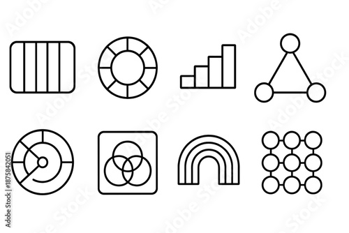 Chromatic Research Icons. Line style icons of chromatic research frameworks: hue gradient plate, spectrum mapping ring, layered