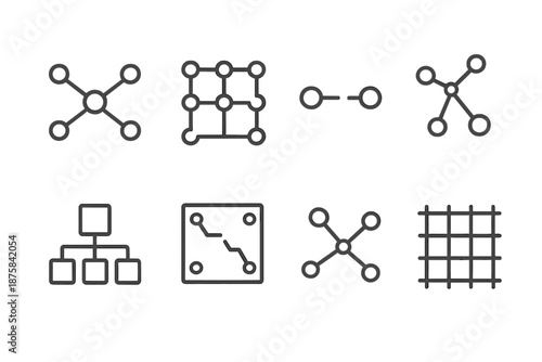 Network Icons in Line Style. Line style icons of gap network systems: empty node network, void channel grid, broken connection