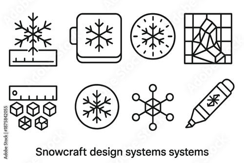 Snowcraft Design Icons. Line style icons of snowcraft design systems: flake geometry chart, frozen mold tool, ice pattern dial,