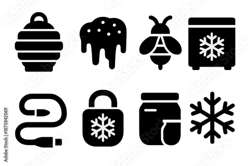 Bee Basket Preservation. Solid style icons of bee basket freezing: wicker basket, frost layer, pollen sack, freezer unit, cooling