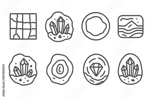 Geological Line Icons. Line style icons of stone gap tableaus: cross-cut rock grid, mineral pocket scene, hollow section ring,