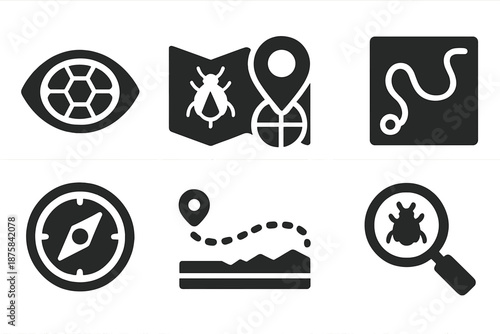 Entomological Cartography Icons. Solid style icons of entomological cartography: insect eye, atlas page, coordinate ring, terrain