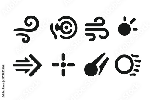 Wind Indicator Icons. Solid style icons of wind-activated indicators: swirl icon, energy ripple, gust line, circular pulse, flow