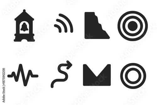 Acoustic Canyon Icons. Solid style icons of acoustic canyon markers: bell tower, echo waves, cliff silhouette, vibration node,