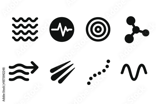 Aquatic System Icons. Solid style icons of aquatic random systems: wave grid, pulse circle, motion ripple, random node, flow arrow