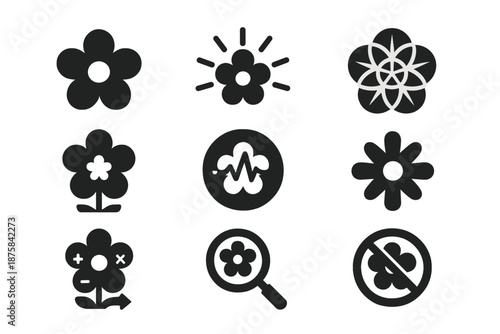 Mathematical Flower Icons. Solid style icons of flower head mathematics: bloom silhouette, radial lines, geometric grid,