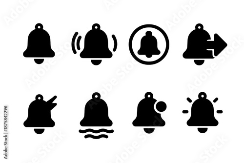 Soft Chime Icons. Solid style icons of a soft announcement chime: bell icon, gentle waves, pulse circle, directional arrow, energy