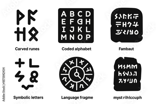 Cryptic Language Icons. Solid style icons of cryptic languages: carved runes, coded alphabet, cipher key, ancient tablet, symbolic