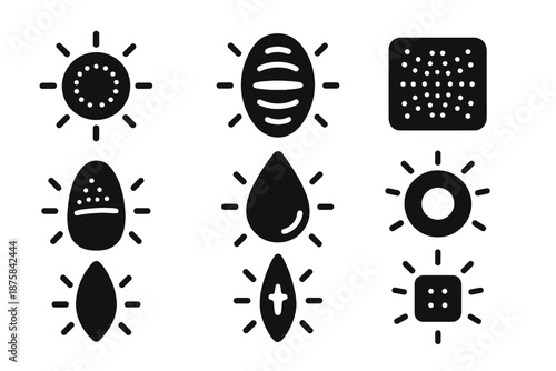 Glowing Diatom Icons. Solid style icons of glowing diatom markers: radiant cell disk, bioluminescent lens, silica glow plate,