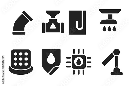 Structural Flow Icons. Solid style icons of structural flow directors: angled pipe joint, hydraulic diverter valve, wall groove