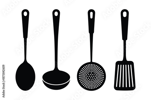 Professional kitchen utensils and serving tools silhouettes set