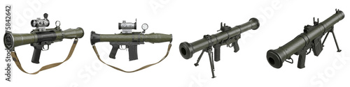 Set/Collection of Modern Tactical Military Firearms and Rocket Launchers, Highly Detailed Realistic Army Weapons Illustration for Defense and Warfare Concepts, Isolated on Transparent PNG Background, 
