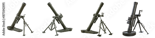 Set/Collection Military Mortar Weapons, Heavy Artillery Equipment, Army Ordnance, Isolated on Transparent PNG Background, Oil Paint