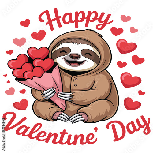 Happy valentine's day sloth holding heart balloons for love greeting card illustration of cute sloth holding heart balloons isolated on white background