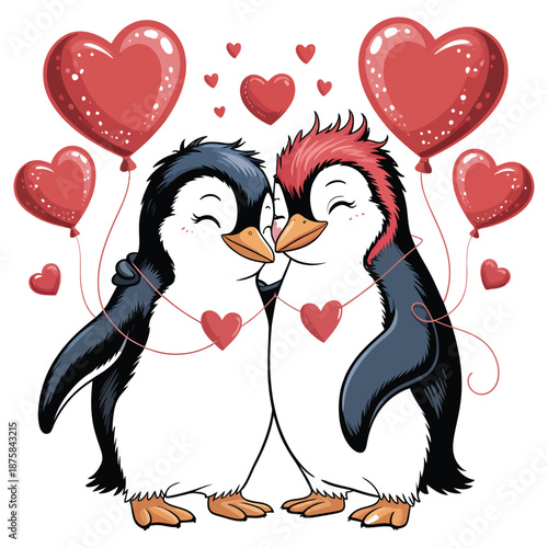 Two adorable penguins couple in love standing cheek to cheek with heart shape balloons tied around them on white valentine design 191 characters
