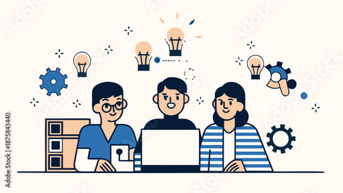 Three people brainstorming ideas with light bulb icons and laptop computer in a creative meeting