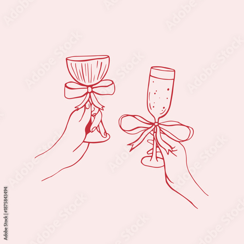 Vector red glas with red whimsical bow and cherry