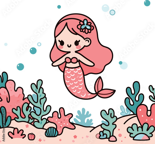 水中のかわいい人魚のイラスト