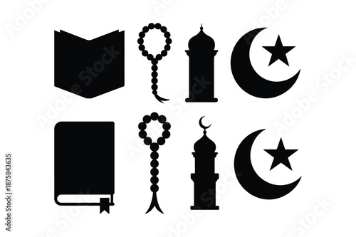 Islamic religion icons set with crescent star and prayer beads