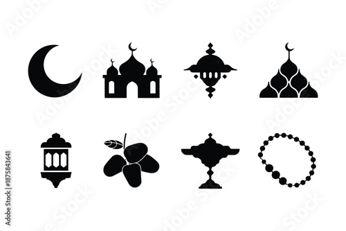 Ramadan Kareem icons collection with mosque lantern and dates