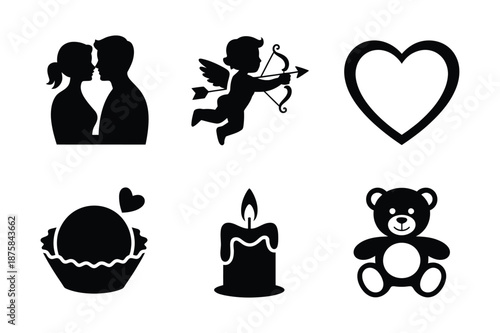 Valentine's Day icons set with heart Cupid and romantic couple