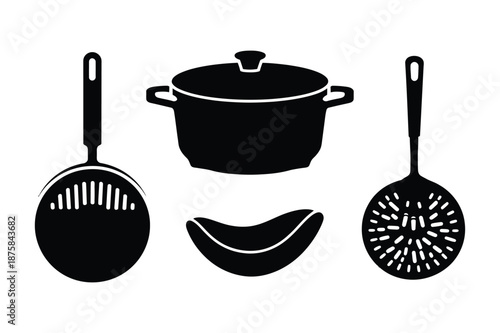 Kitchen cookware icons set with cooking pot and frying pan