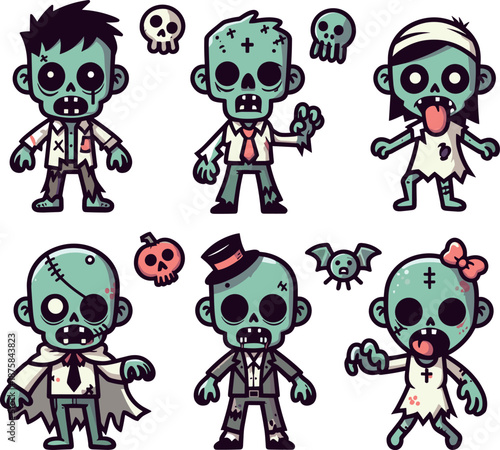 複数のデフォルメゾンビキャラクターのイラスト