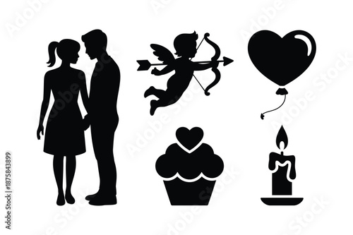 Valentine Romance and Love Celebration Silhouette Icon Set