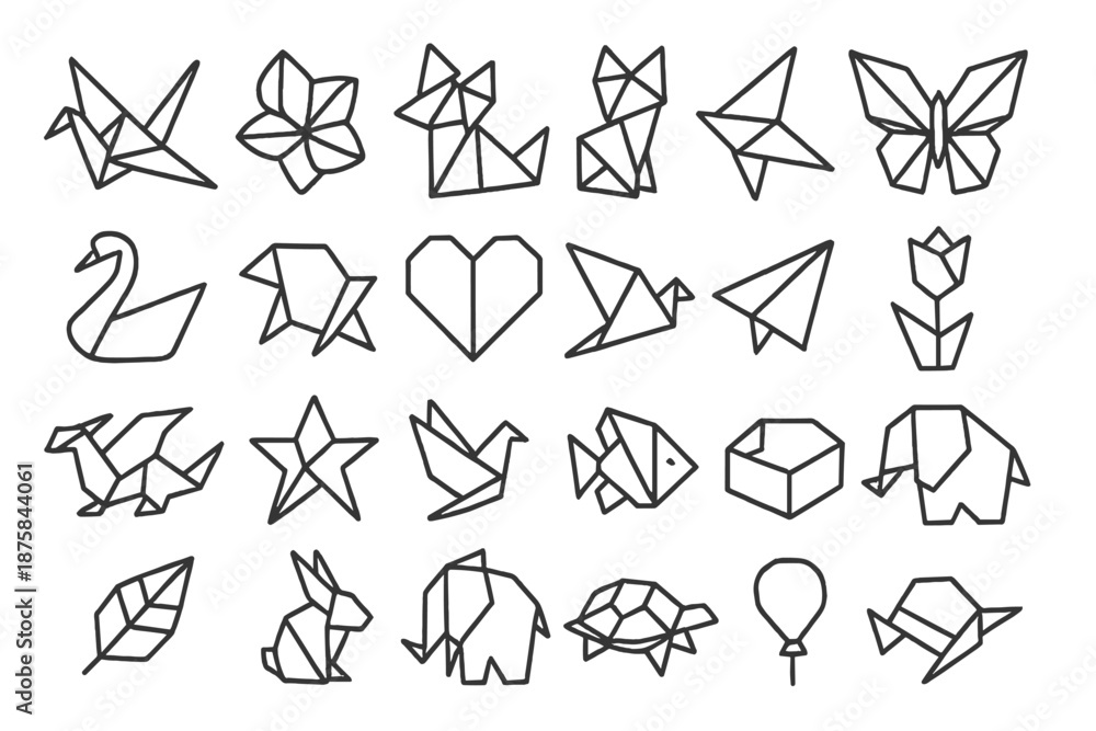Naklejka premium Origami Icon Collection. Line style icons of origami art: paper crane, folded flower, fox, boat, butterfly, swan, frog, heart,